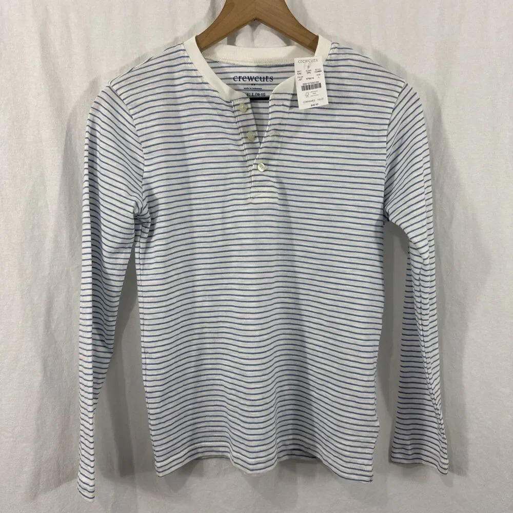 Crewcuts White Blue Striped Henley Shirt Boys Sz L 10/11 Coastal Beach Preppy
